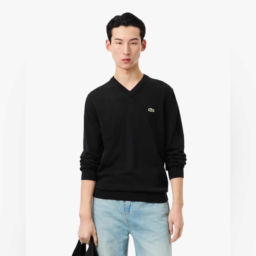 Lacoste Men’s Regular-Fit Black V-Neck Sweater 100% Cotton Classic Logo Medium - Picture 2 of 11